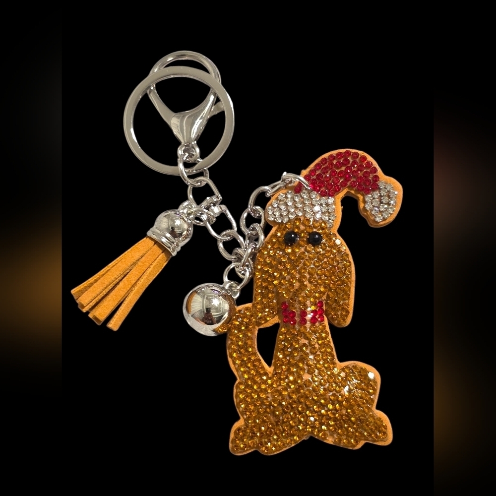Sparkling Dog Bag Charm Keychain with Santa Hat